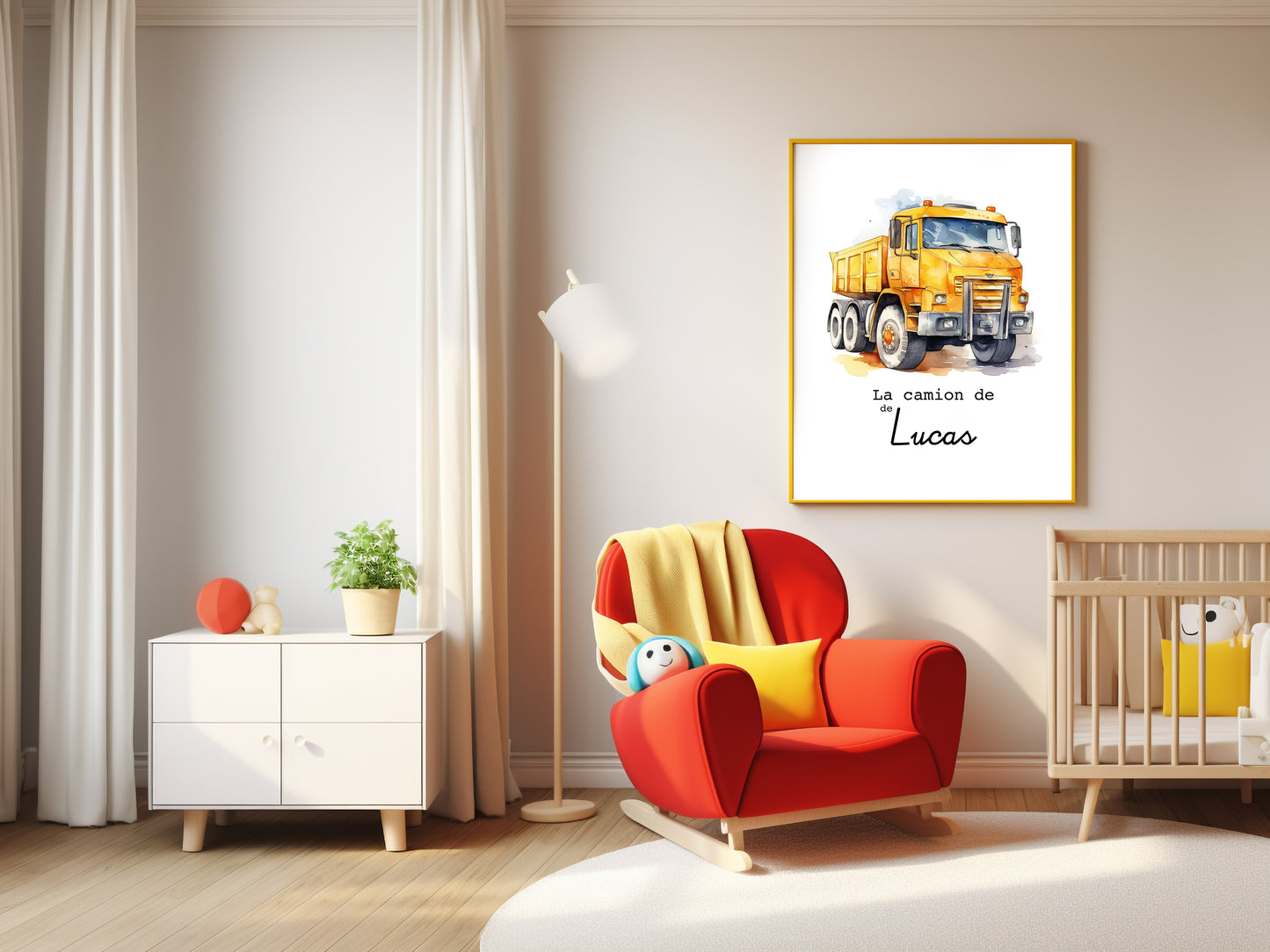 Affiche Personnalisée camion jaune de chantier - Le camion de {Prénom de l'Enfant} pour les petits fans de chantier et travaux