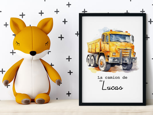 Affiche Personnalisée camion jaune de chantier - Le camion de {Prénom de l'Enfant} pour les petits fans de chantier et travaux