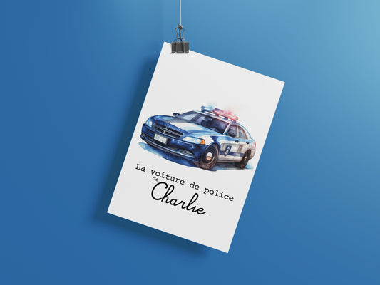 Affiche Personnalisée voiture de police - La voiture de police de {Prénom de l'Enfant} pour les petits fans de policier