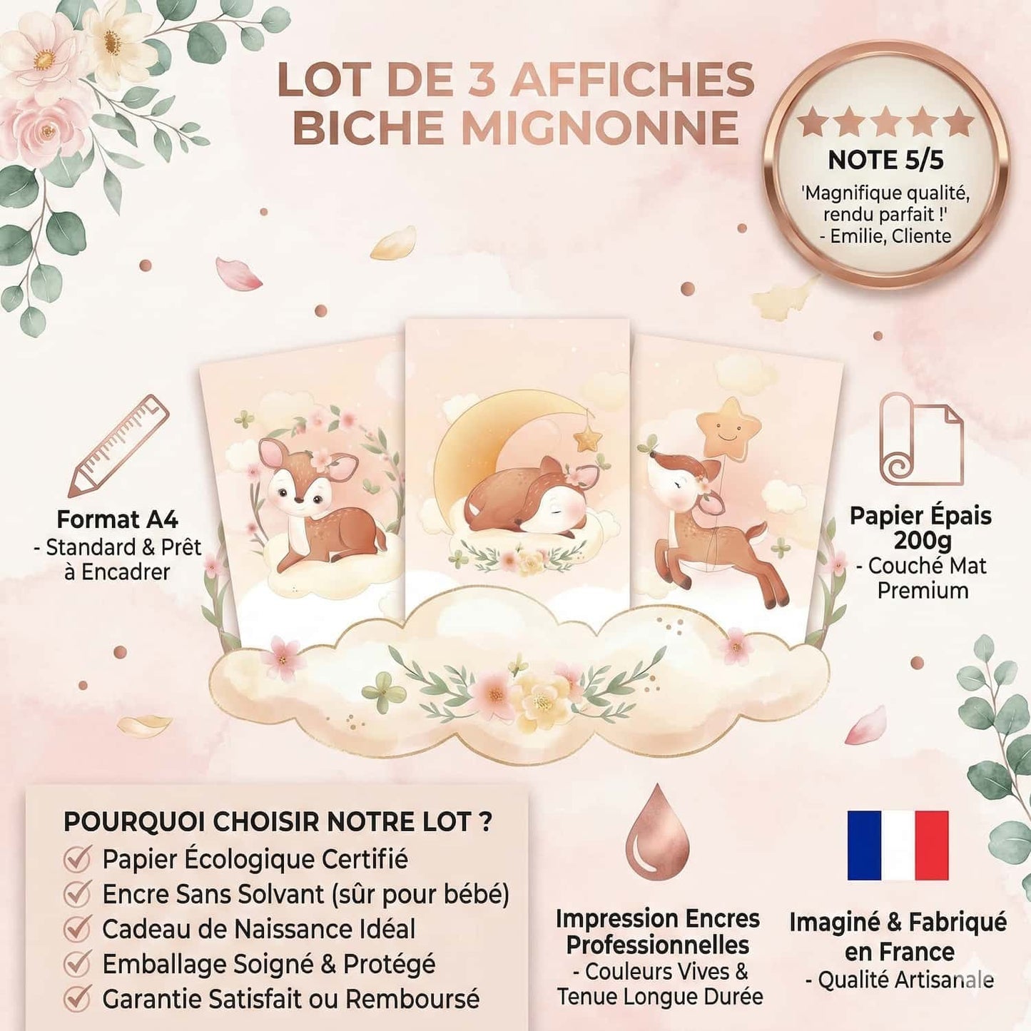 Set 3 Affiches Biche Mignonne - Décoration Chambre Bébé Enfant