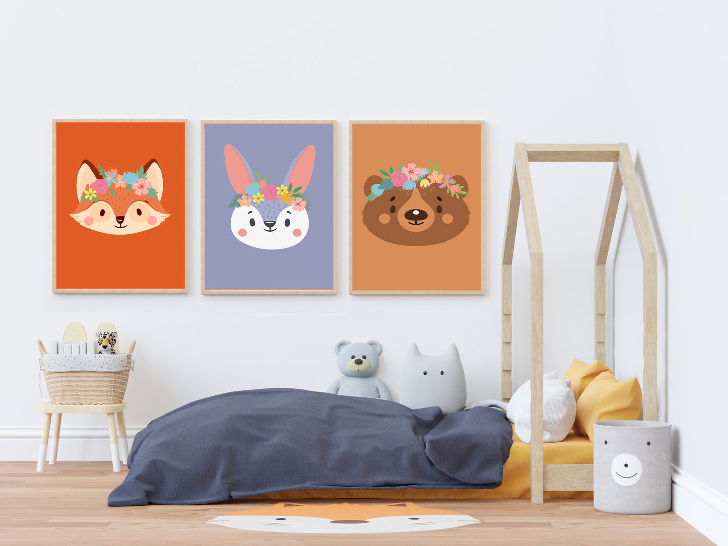 Romantic flower animal poster - deer rabbit lion panda koala bear fox forest jungle savannah - child girl boy - bedroom poster decoration