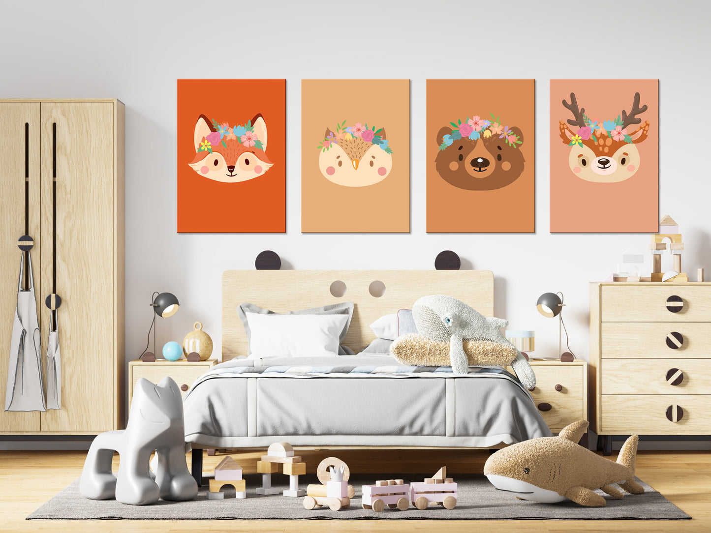 Romantic flower animal poster - deer rabbit lion panda koala bear fox forest jungle savannah - child girl boy - bedroom poster decoration