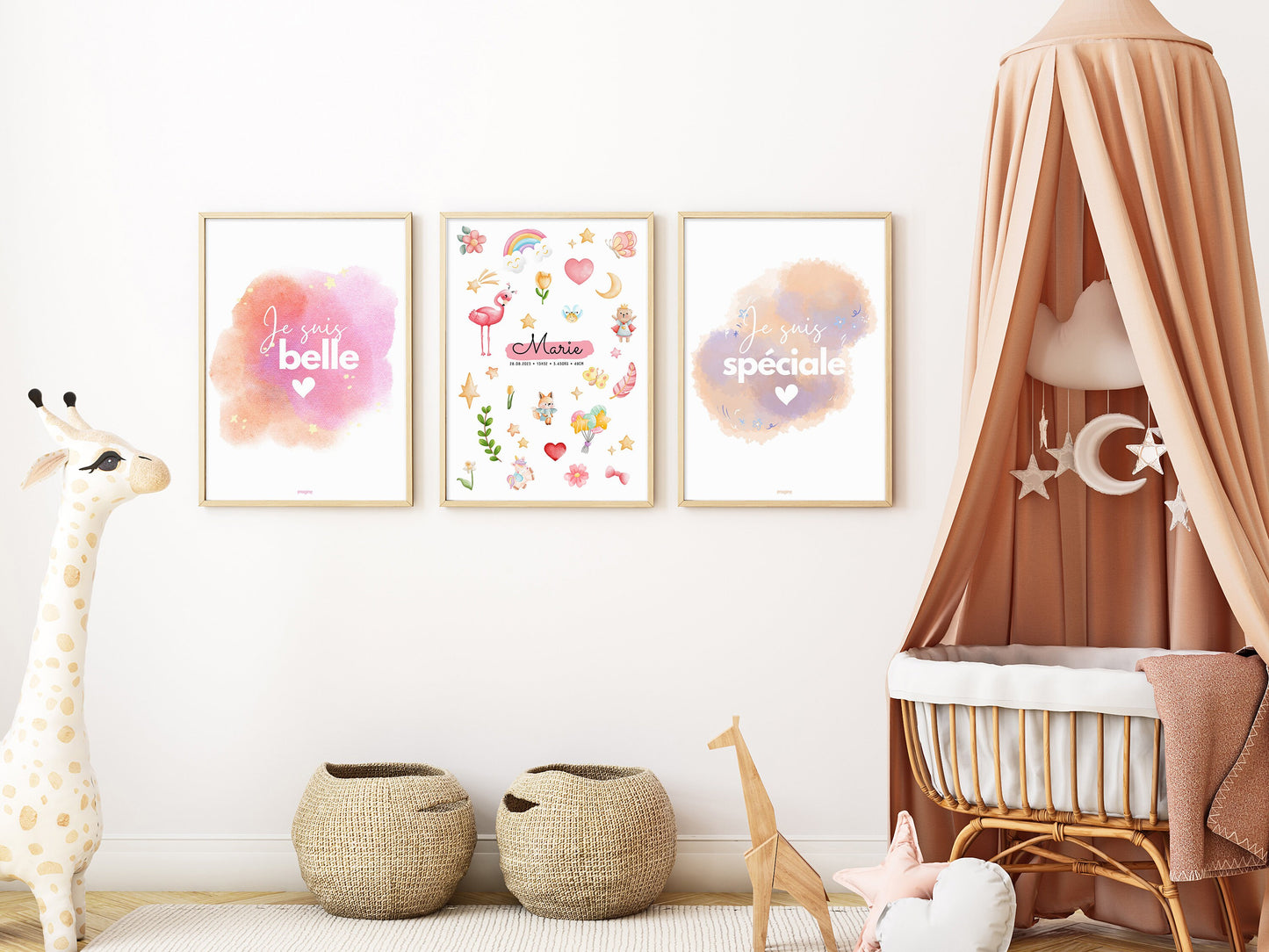 Affiche personnalisée prénom bébé – Poster princesse & animaux mignons – Décoration chambre enfant – Cadeau naissance, anniversaire, Noël