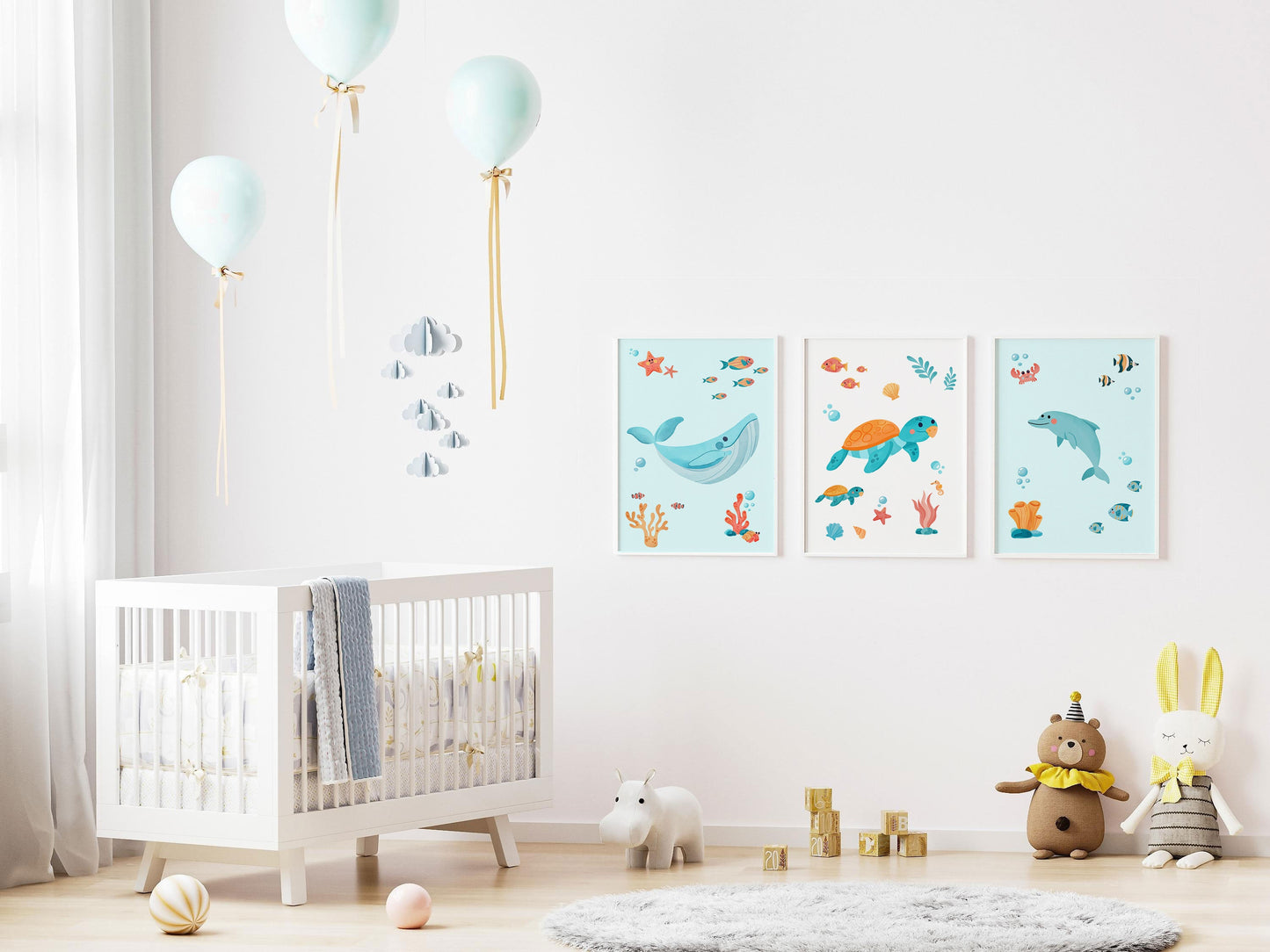 Set de 3 affiches océan pour enfants – Baleine, Dauphin & Tortue – Posters muraux chambre bébé enfant – Cadeau naissance, anniversaire