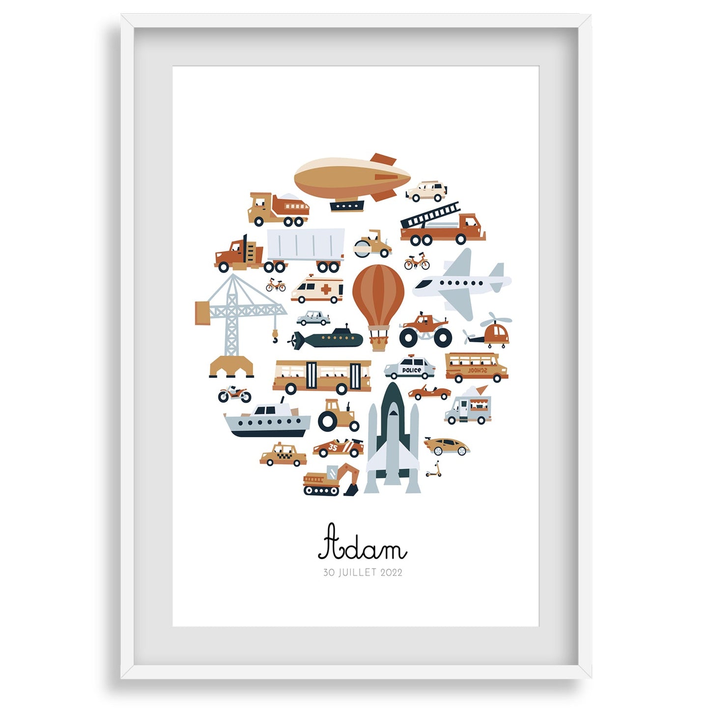 Affiche véhicules encadrée - poster personnalisé camion pompier fusée pour chambre garçon