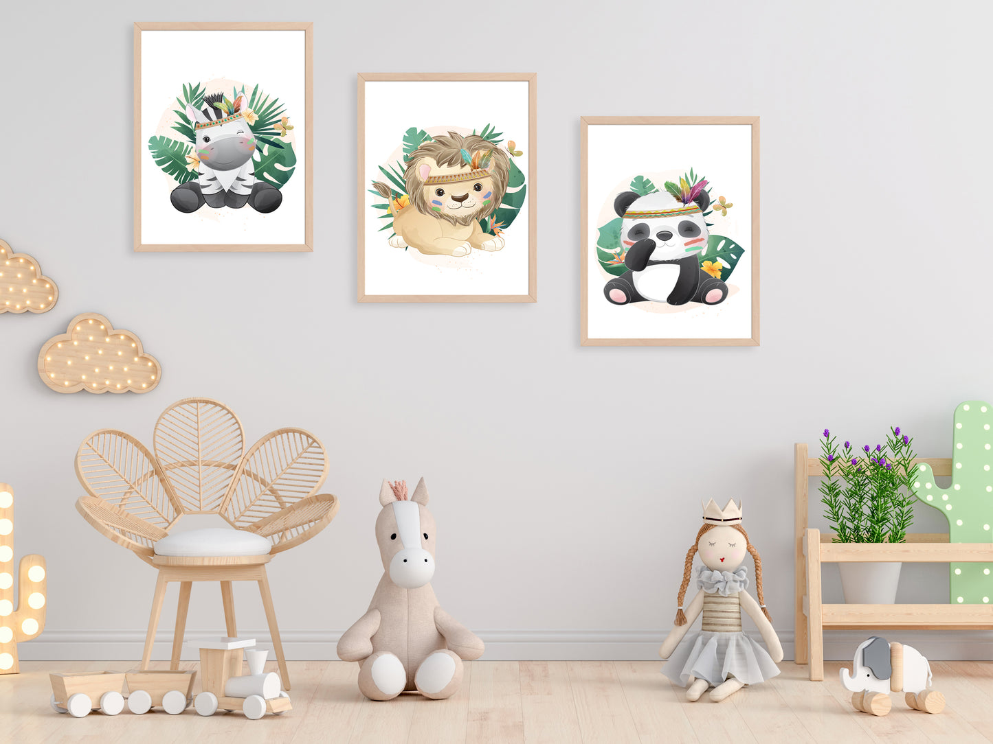 Affiches lion zèbre et panda mignon dans la jungle