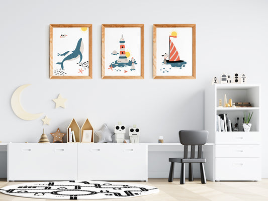 Marine posters boat lighthouse whale fish - 3 posters baby child room - Decoration - birth gift - ocean sea - blue illustration