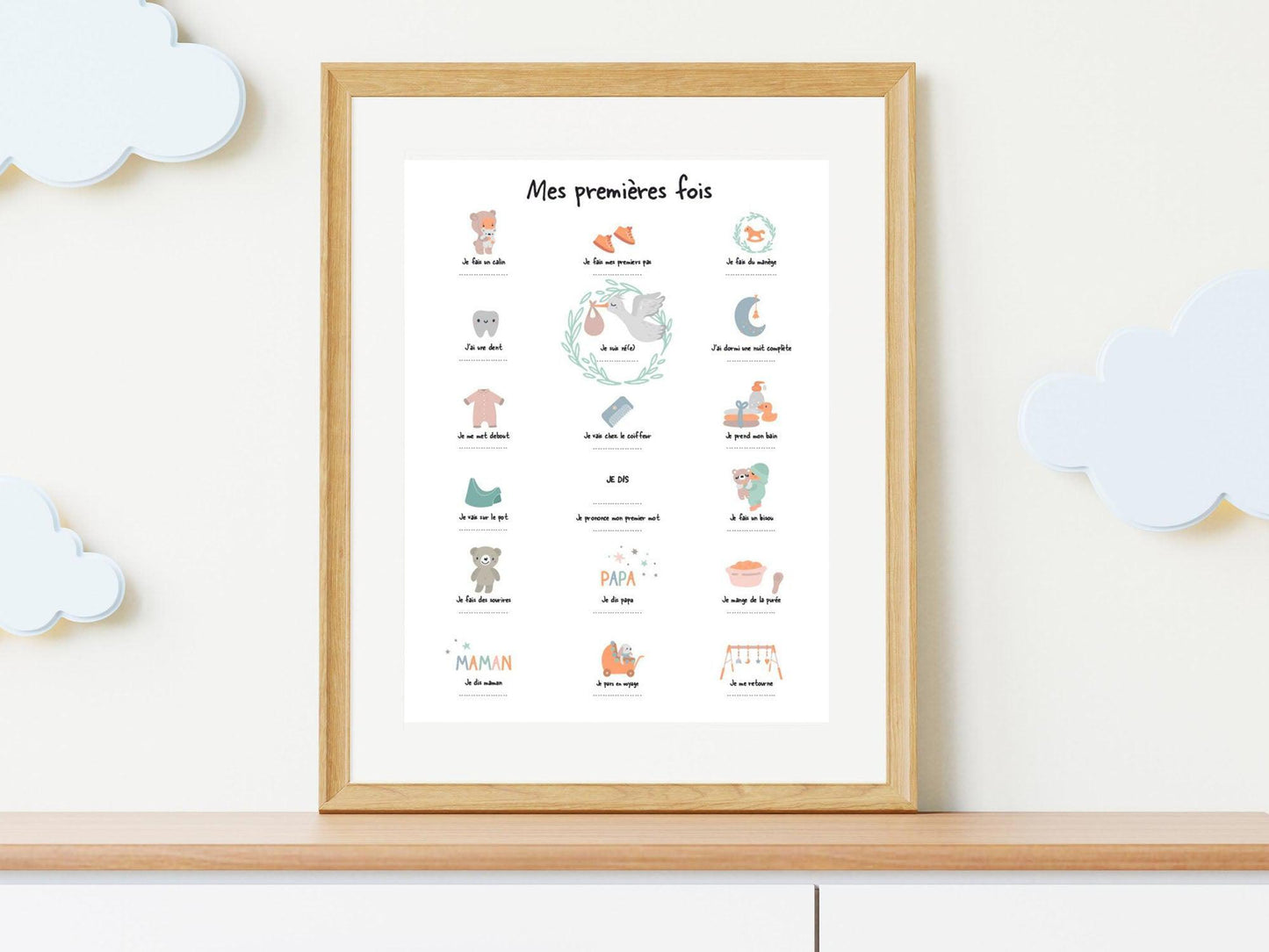 Affiche "Mes premières fois" vert d'eau pour dater les premiers pas le premier mot bébé - Imagine.affiche