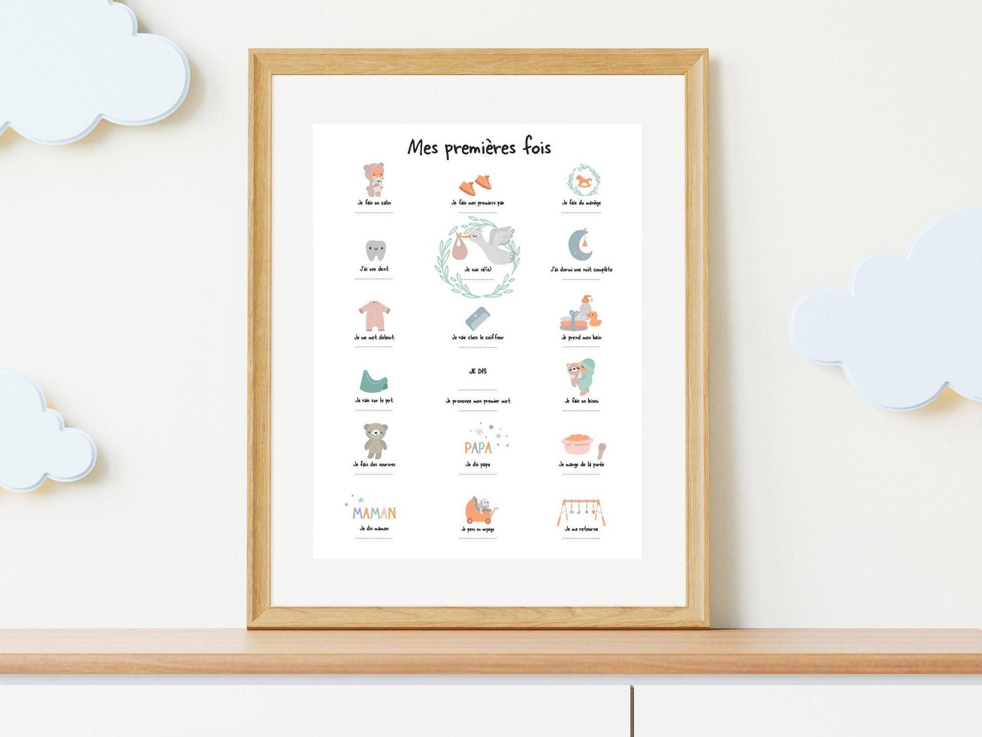Affiche "Mes premières fois" vert d'eau pour dater les premiers pas le premier mot bébé - Imagine.affiche