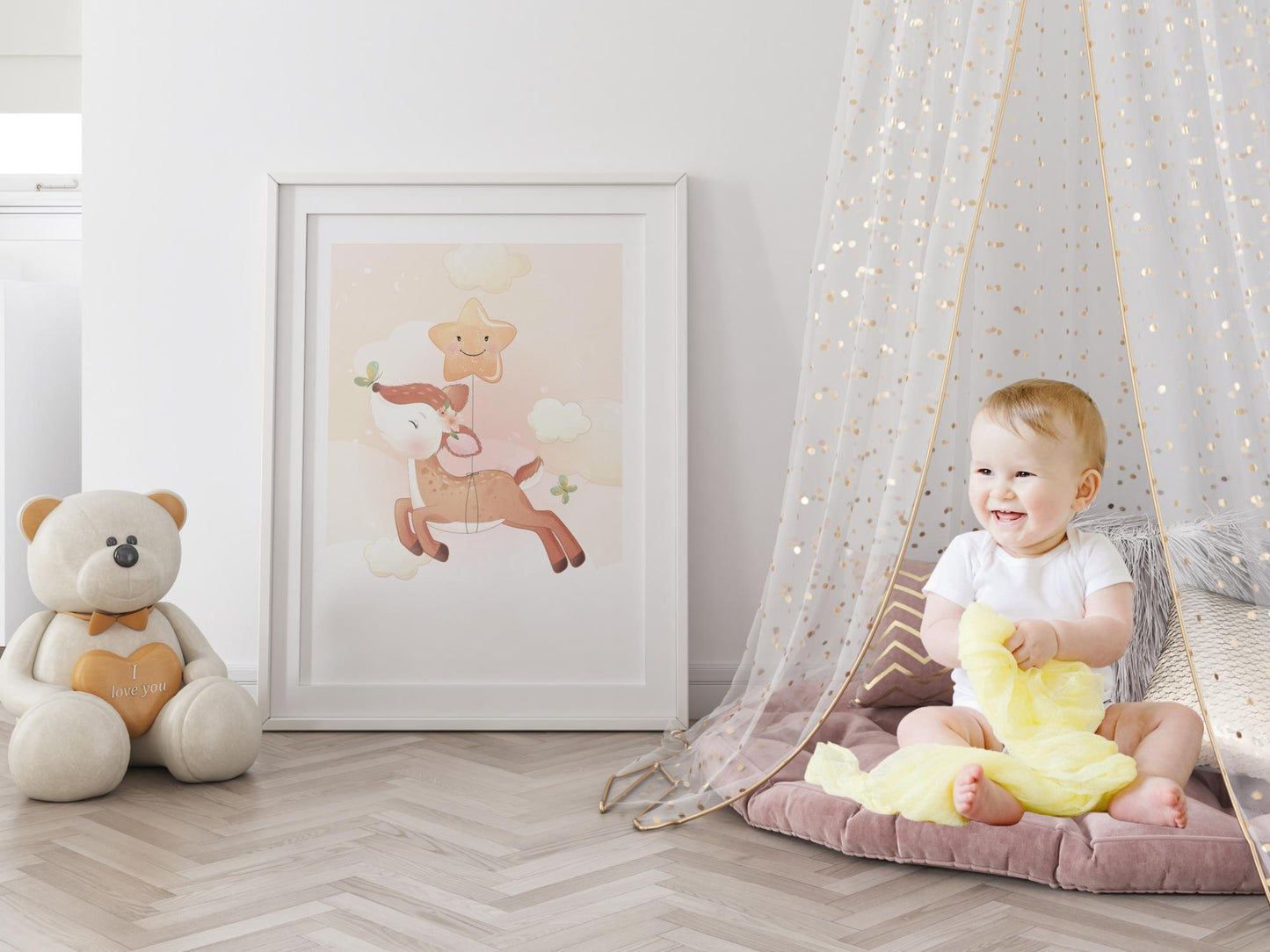 Posters Cute doe illustration - baby children's room - Girl decoration - Birth gift idea - Animal theme - A4 or A3 format