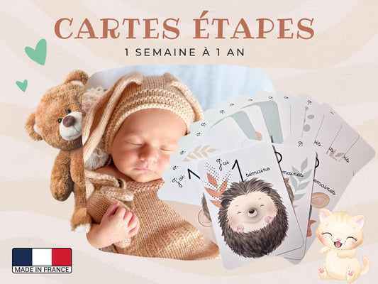 Stages card - 1 week 12 months - Cute jungle forest animals 0 1 year