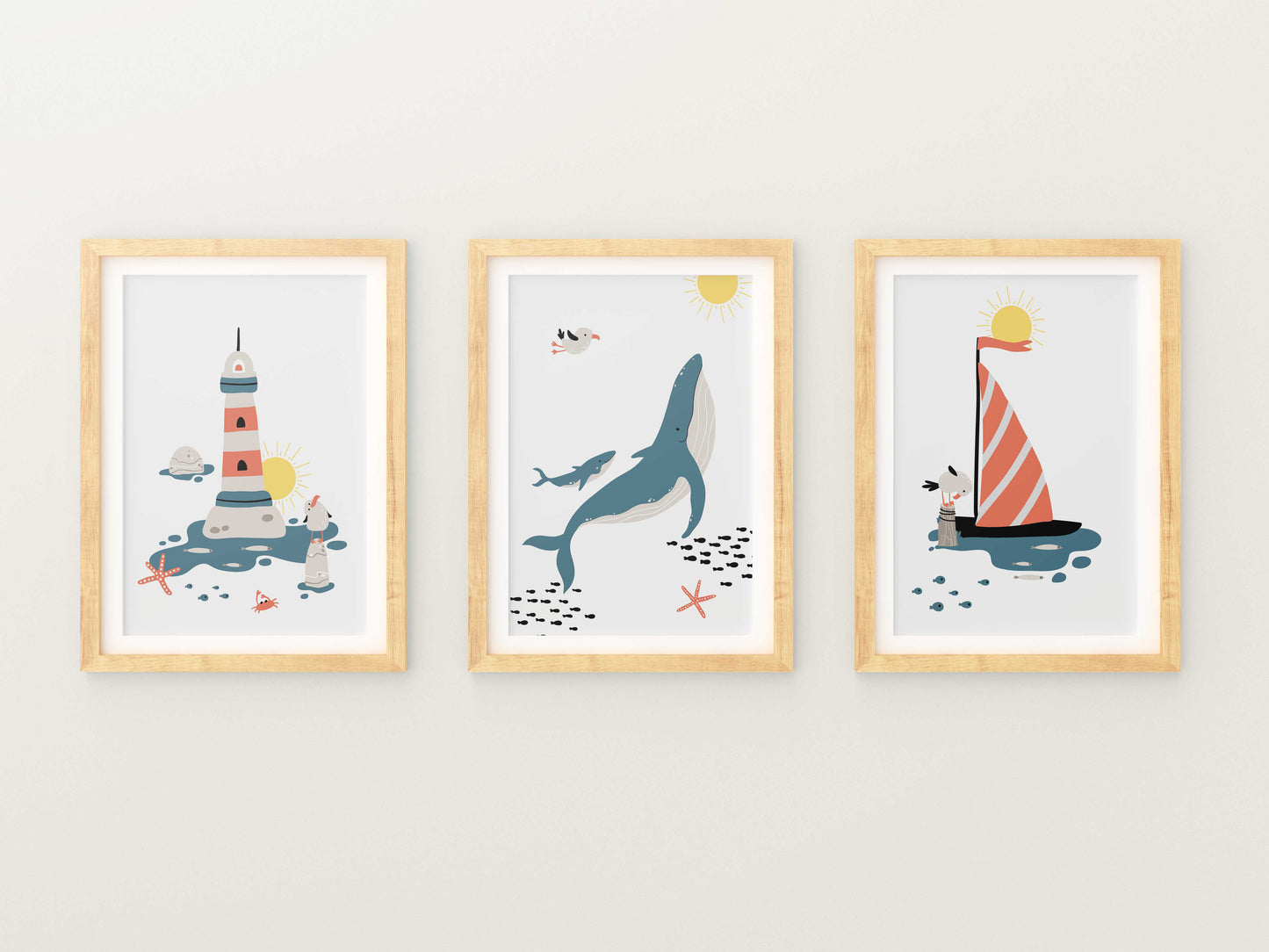 Marine posters boat lighthouse whale fish - 3 posters baby child room - Decoration - birth gift - ocean sea - blue illustration