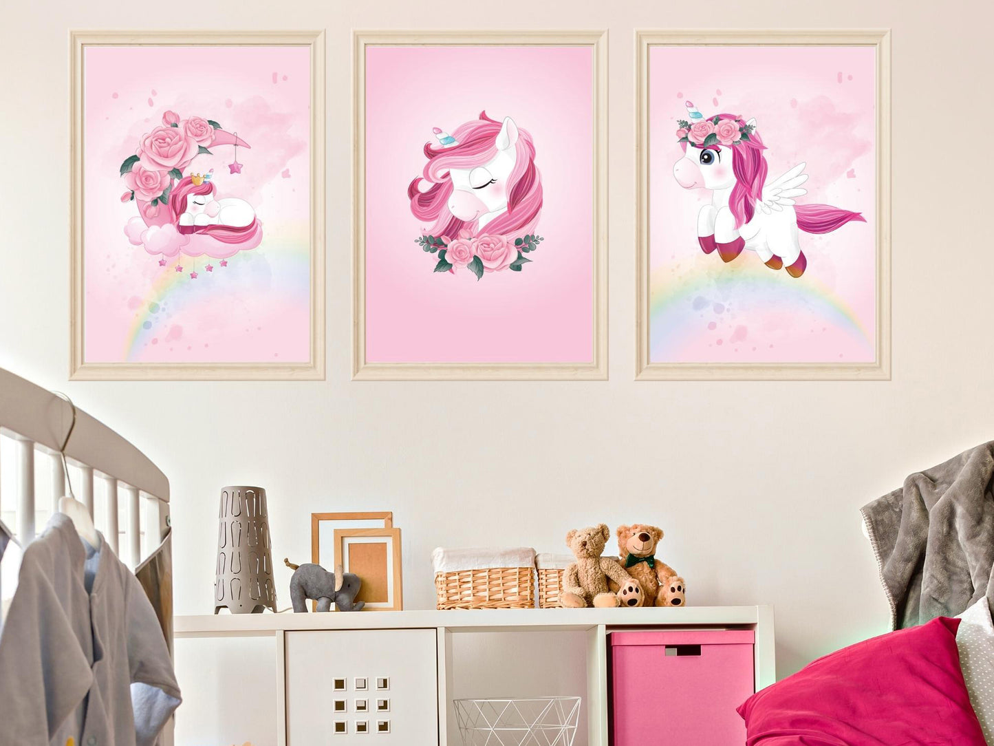 Pink unicorn posters for child/baby room - 3 Posters for girl decoration - Birth gift - A4/A3 format painting - decorative accessory - bb