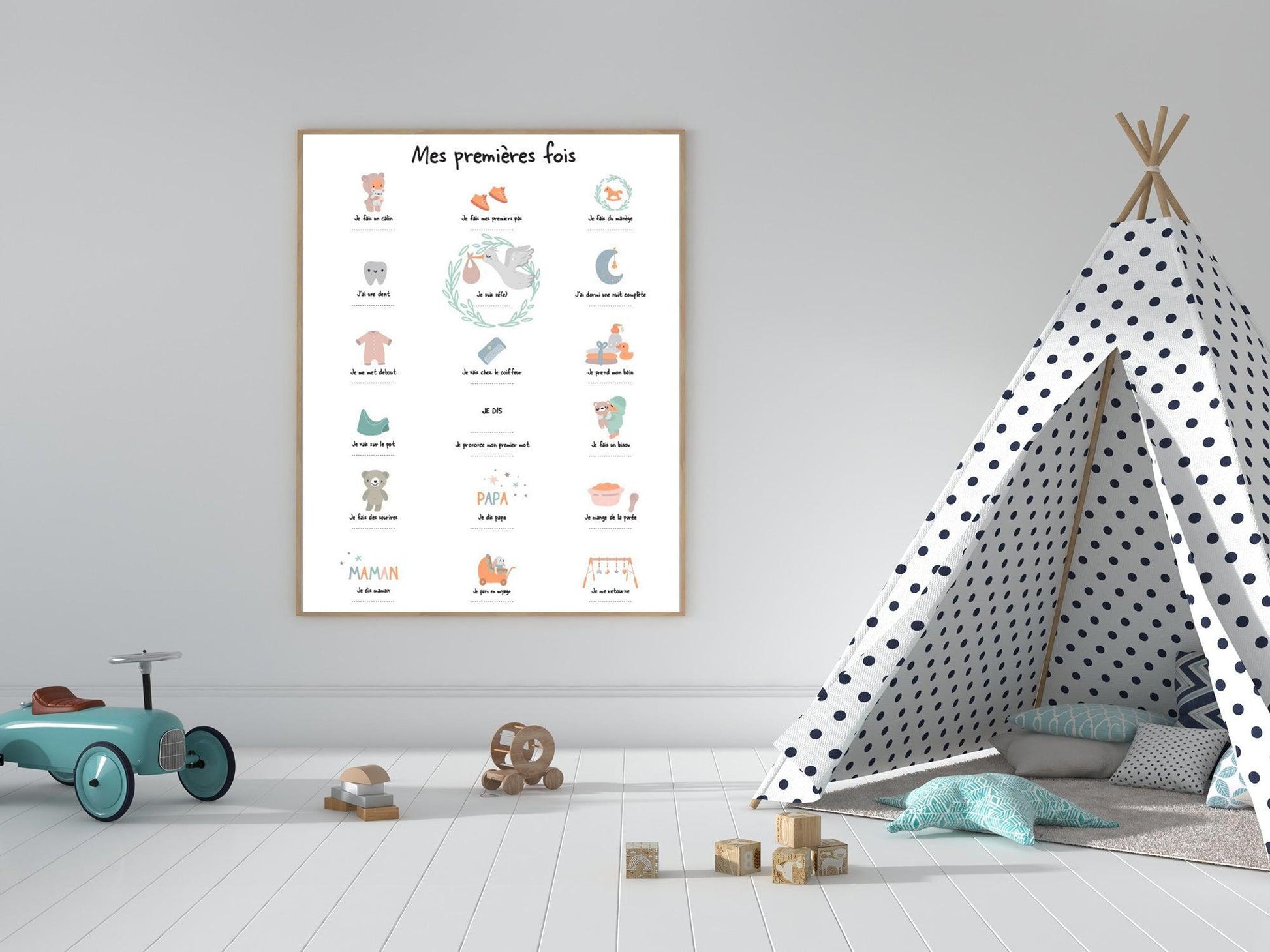 Affiche "Mes premières fois" vert d'eau pour dater les premiers pas le premier mot bébé - Imagine.affiche