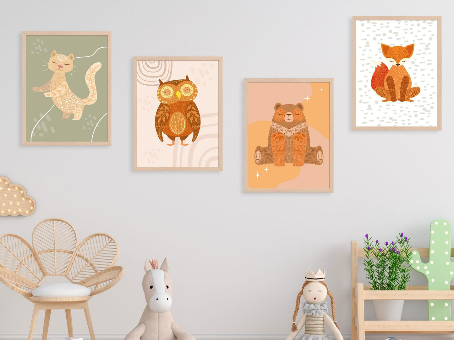 Affiches animaux hibou renard ours chat style deco bohème boho nature