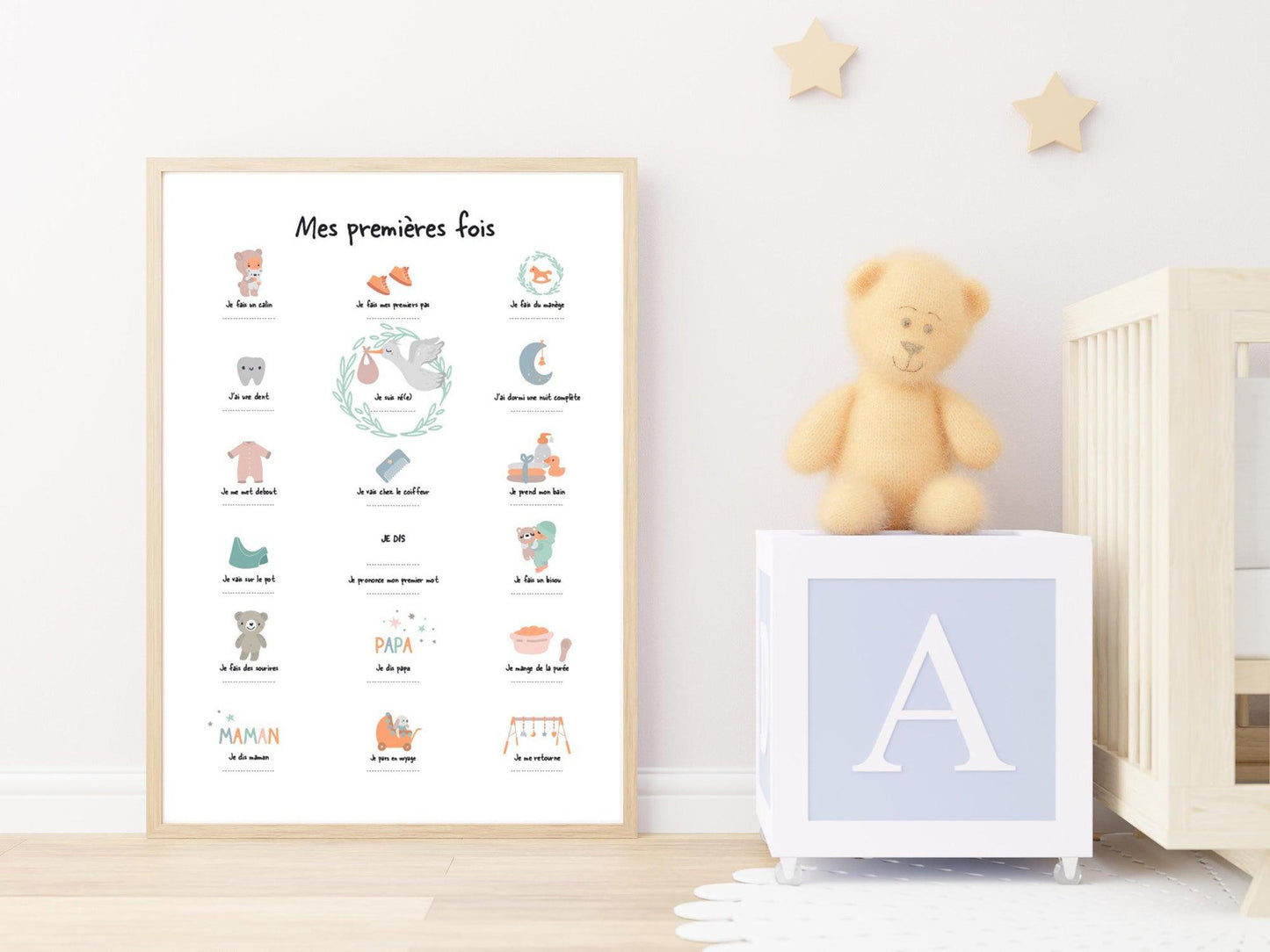 Affiche "Mes premières fois" vert d'eau pour dater les premiers pas le premier mot bébé - Imagine.affiche
