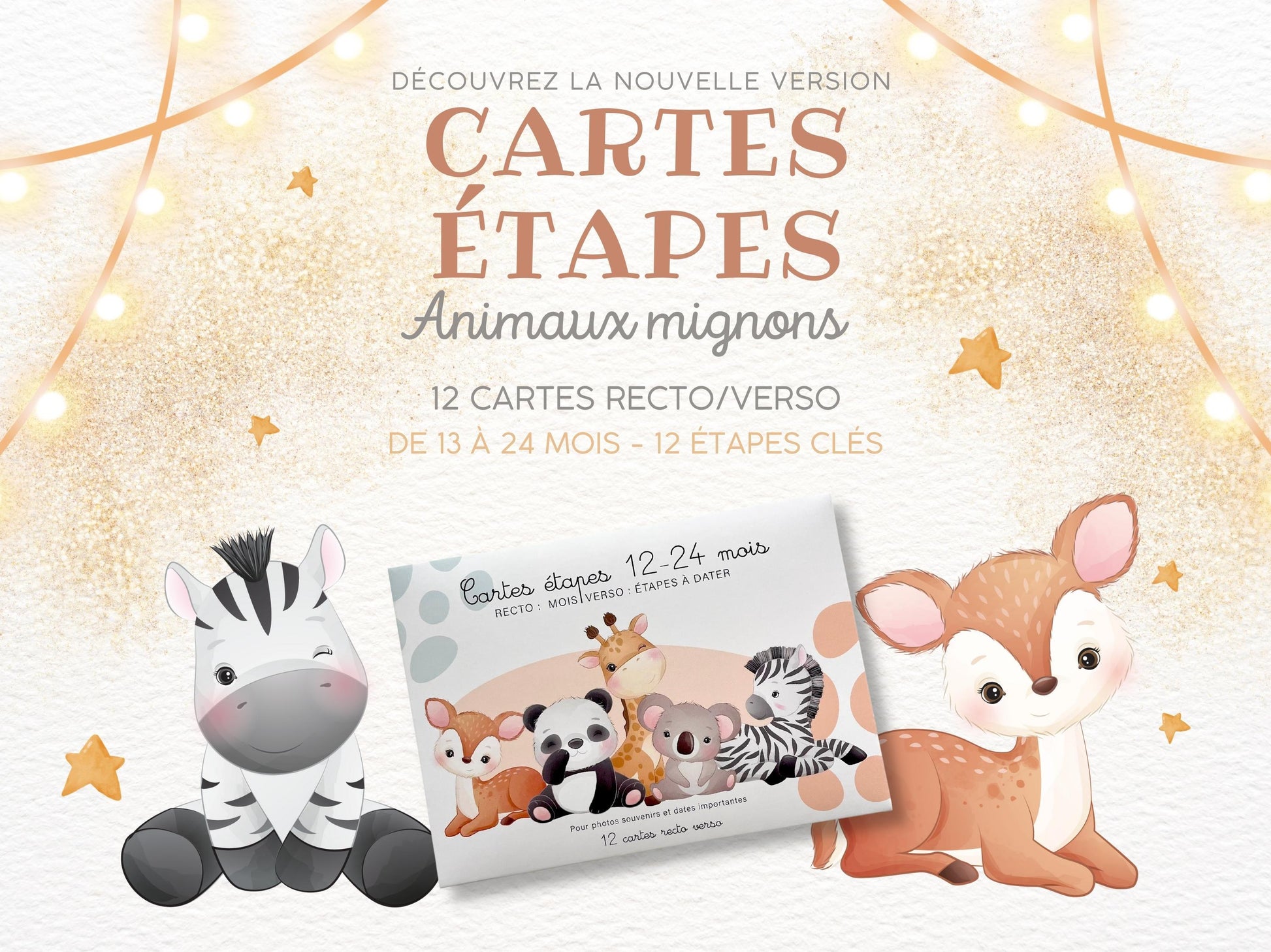 Carte étapes - 12 - 24 mois - Animaux mignon jungle forêt 1 an 2 ans - Bébé - Famille - Souvenir - Papeterie - Ma deuxième année recto verso - Imagine.affiche