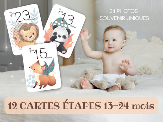 Carte étapes - 12 - 24 mois - Animaux mignon jungle forêt 1 an 2 ans - Bébé - Famille - Souvenir - Papeterie - Ma deuxième année recto verso - Imagine.affiche