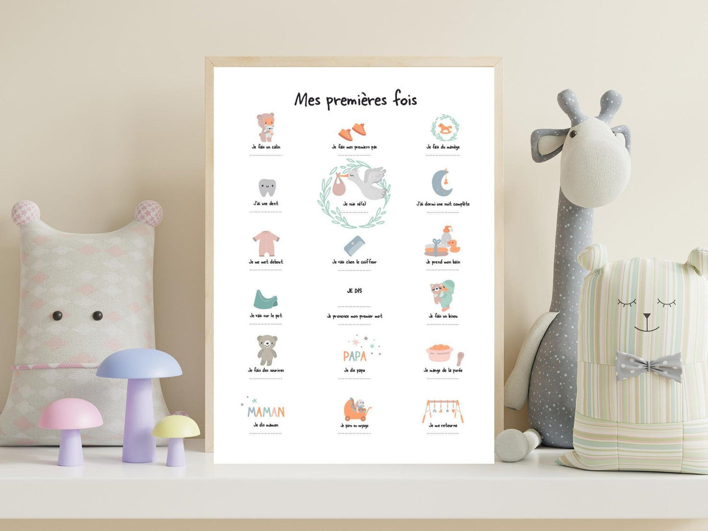 Affiche "Mes premières fois" vert d'eau pour dater les premiers pas le premier mot bébé - Imagine.affiche