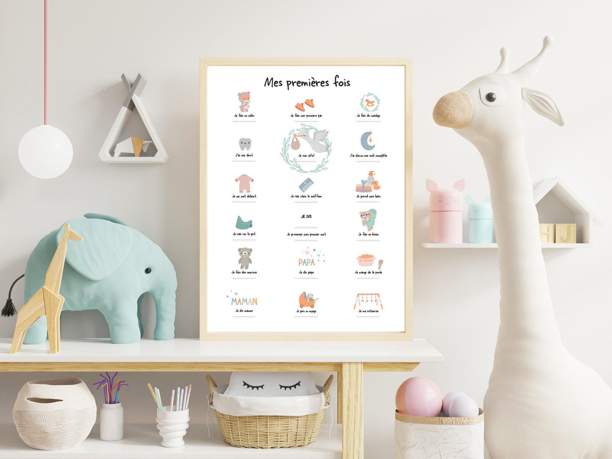 Affiche "Mes premières fois" vert d'eau pour dater les premiers pas le premier mot bébé - Imagine.affiche