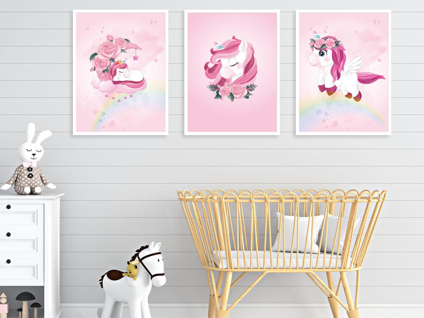 Pink unicorn posters for child/baby room - 3 Posters for girl decoration - Birth gift - A4/A3 format painting - decorative accessory - bb