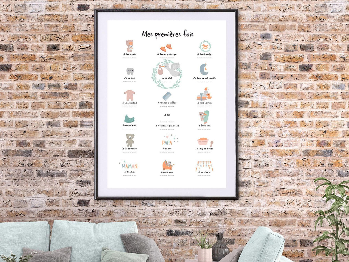 Affiche "Mes premières fois" vert d'eau pour dater les premiers pas le premier mot bébé - Imagine.affiche