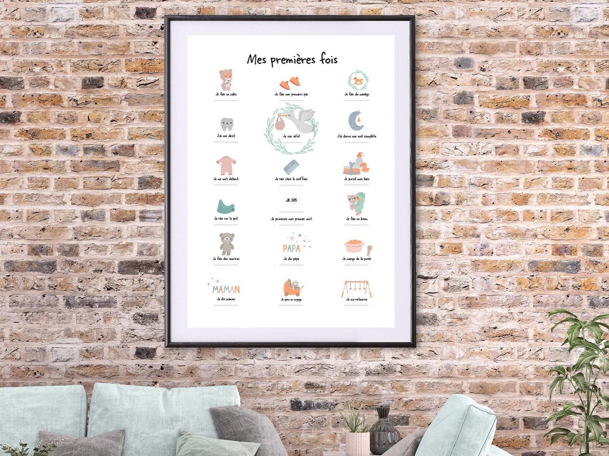 Affiche "Mes premières fois" vert d'eau pour dater les premiers pas le premier mot bébé - Imagine.affiche