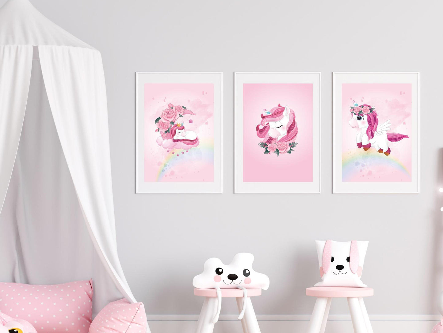 Pink unicorn posters for child/baby room - 3 Posters for girl decoration - Birth gift - A4/A3 format painting - decorative accessory - bb