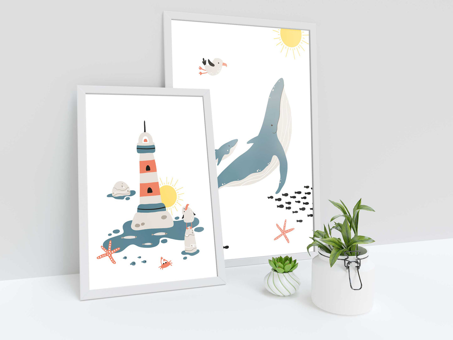 Marine posters boat lighthouse whale fish - 3 posters baby child room - Decoration - birth gift - ocean sea - blue illustration