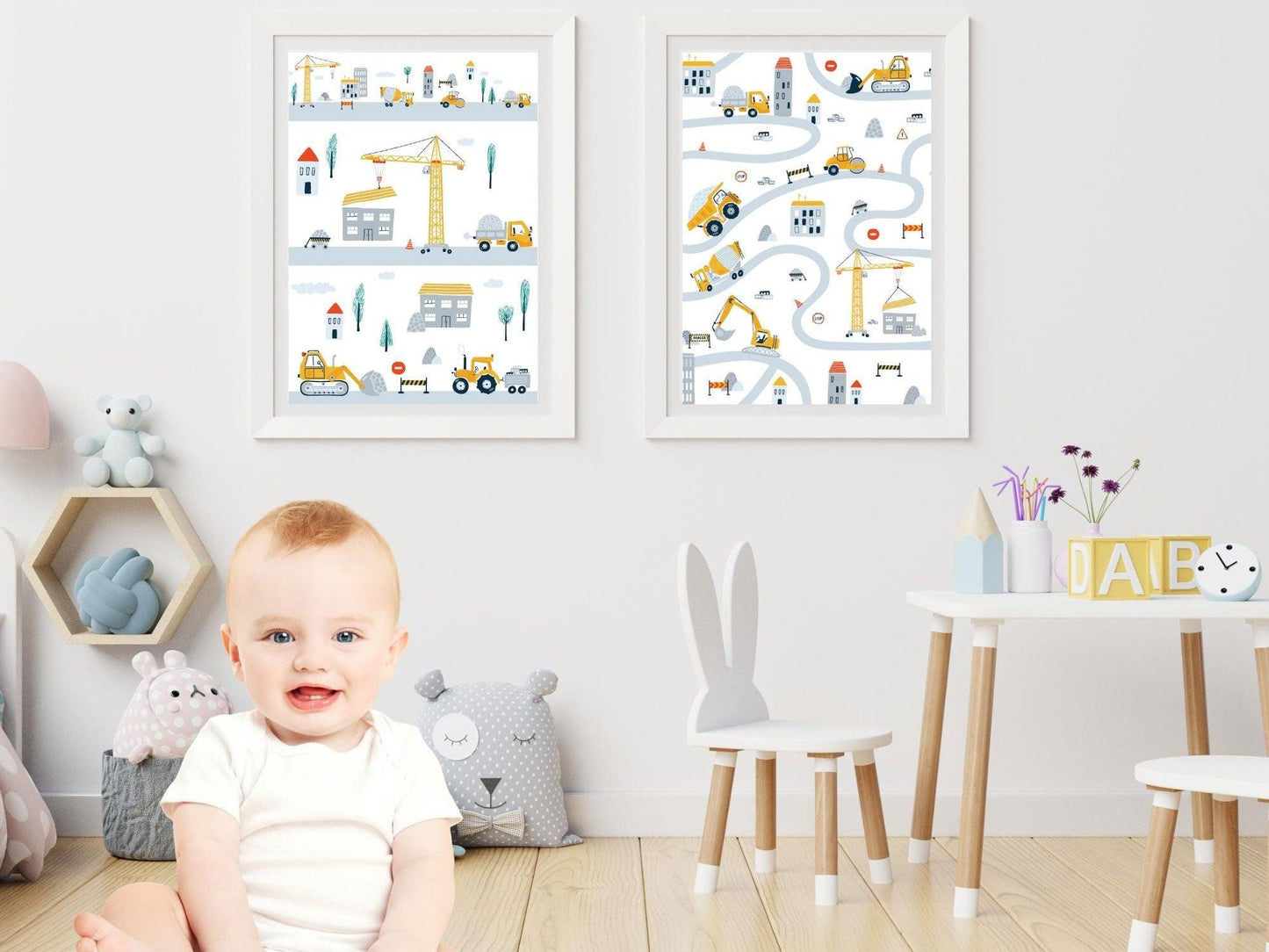 Lot affiches "Mon Chantier" avec camion pelleteuse pour chambre d'enfant - Imagine.affiche