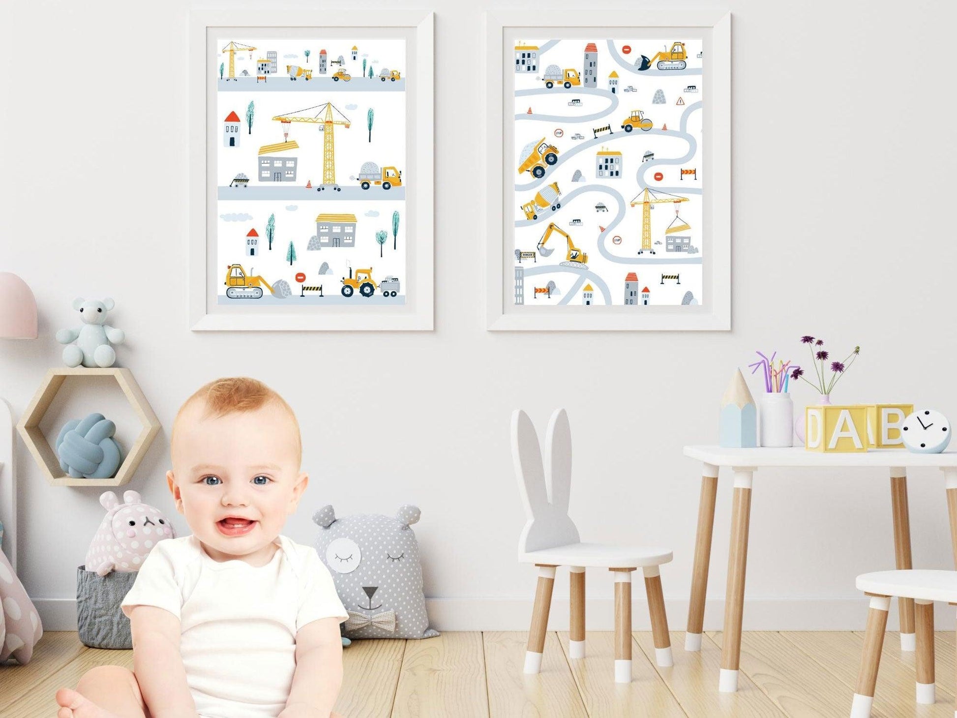 Lot affiches "Mon Chantier" avec camion pelleteuse pour chambre d'enfant - Imagine.affiche
