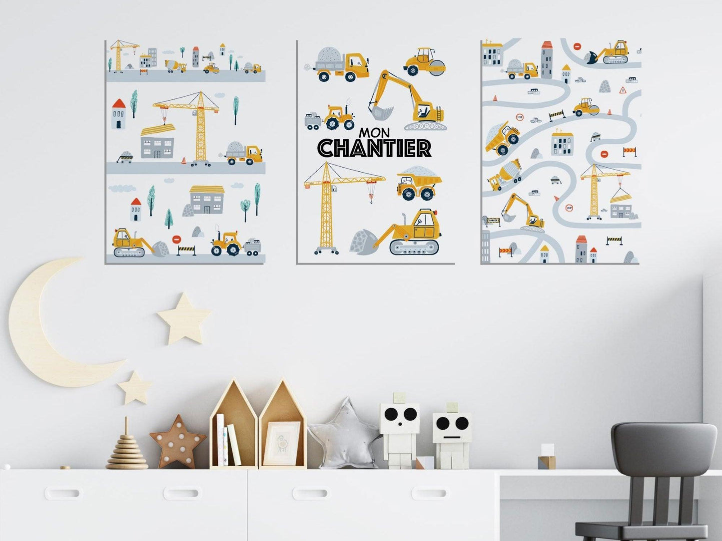 Lot affiches "Mon Chantier" avec camion pelleteuse pour chambre d'enfant - Imagine.affiche