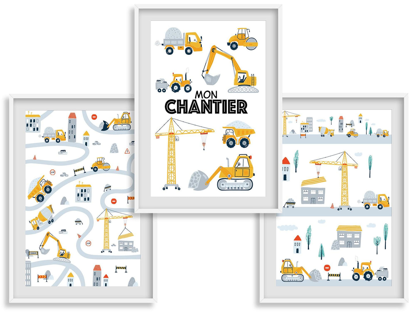 Lot affiches "Mon Chantier" avec camion pelleteuse pour chambre d'enfant - Imagine.affiche