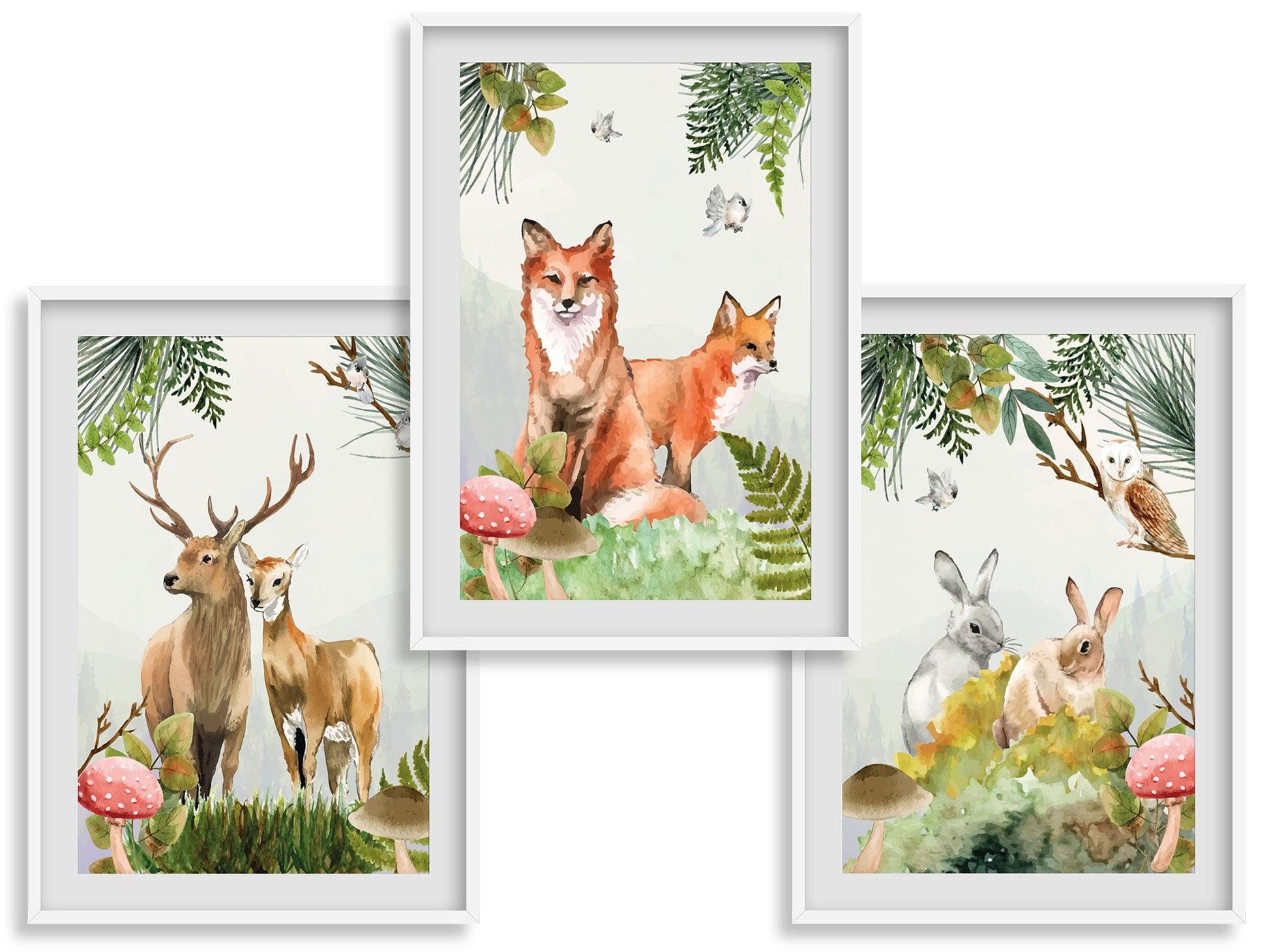 Set affiches "Forêt aquarelle" avec de beaux animaux un renard un lapin et un cerf - Imagine.affiche