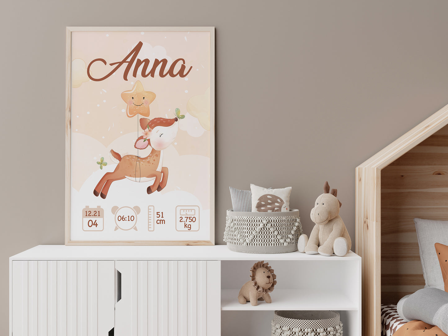 Personalized birth poster "Doe" - First name, weight, height and time