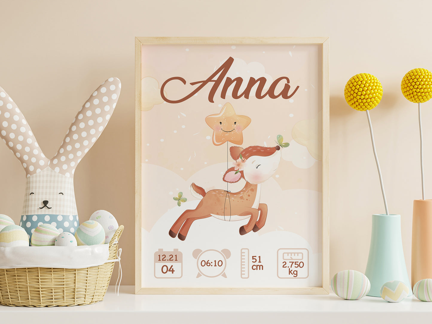 Personalized birth poster "Doe" - First name, weight, height and time