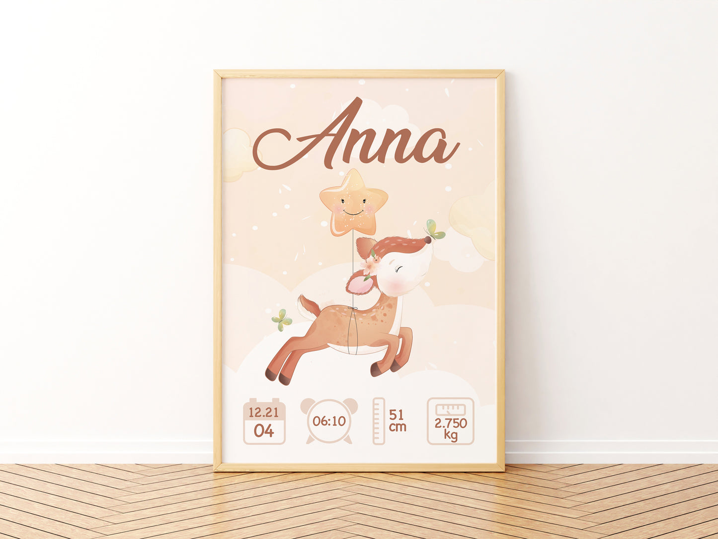 Personalized birth poster "Doe" - First name, weight, height and time