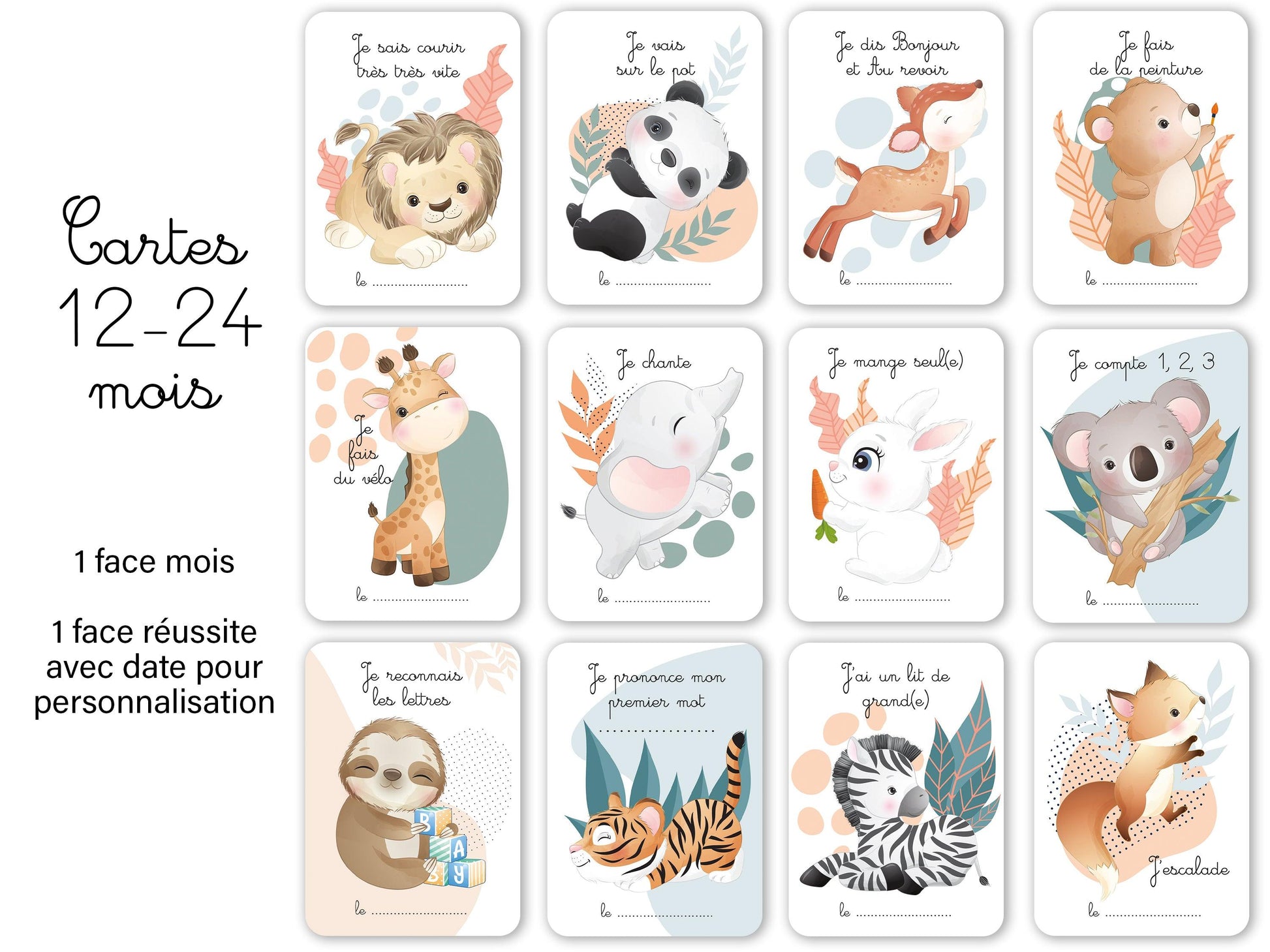 Carte étapes - 12 - 24 mois - Animaux mignon jungle forêt 1 an 2 ans - Bébé - Famille - Souvenir - Papeterie - Ma deuxième année recto verso - Imagine.affiche