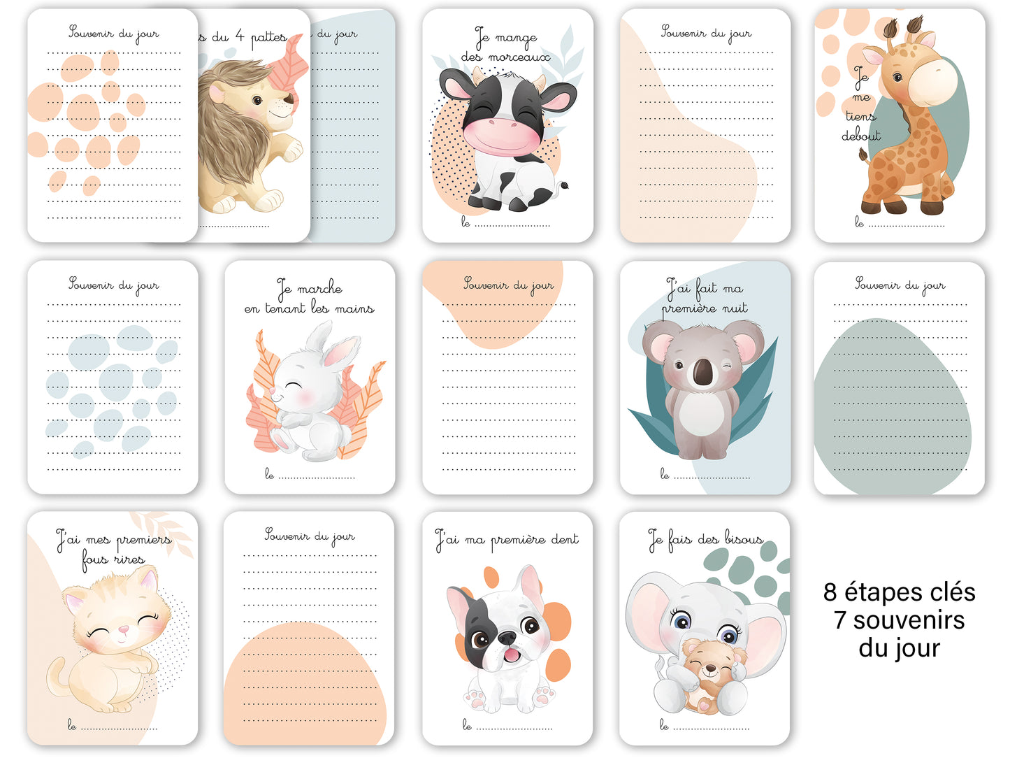 Stages card - 1 week 12 months - Cute jungle forest animals 0 1 year