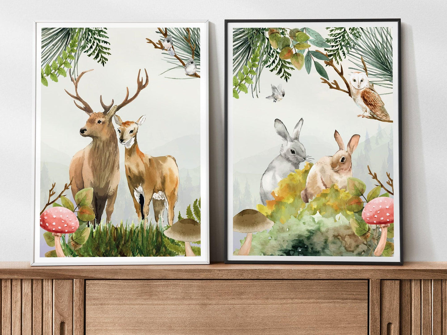 Set affiches "Forêt aquarelle" avec de beaux animaux un renard un lapin et un cerf - Imagine.affiche