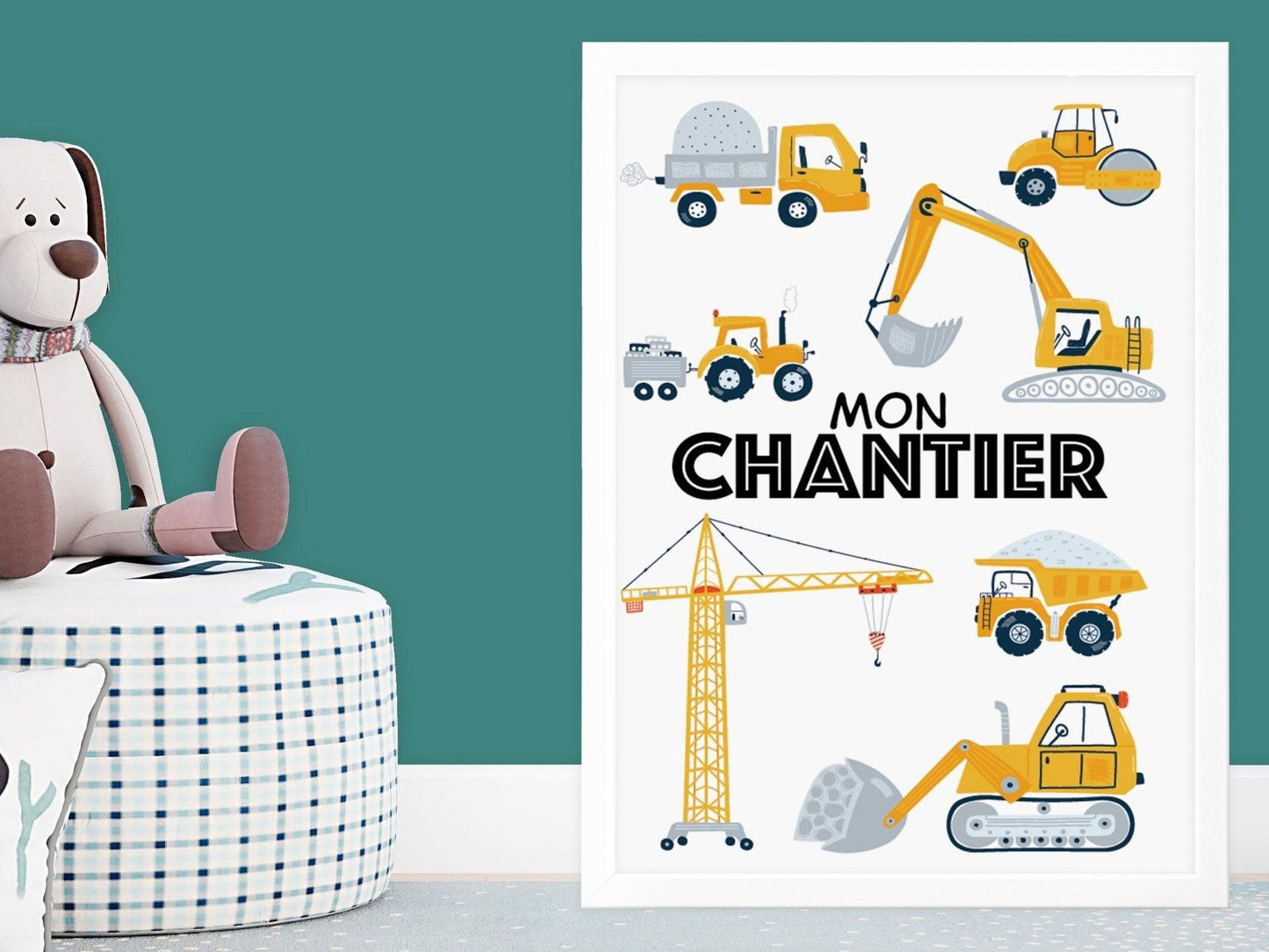Lot affiches "Mon Chantier" avec camion pelleteuse pour chambre d'enfant - Imagine.affiche