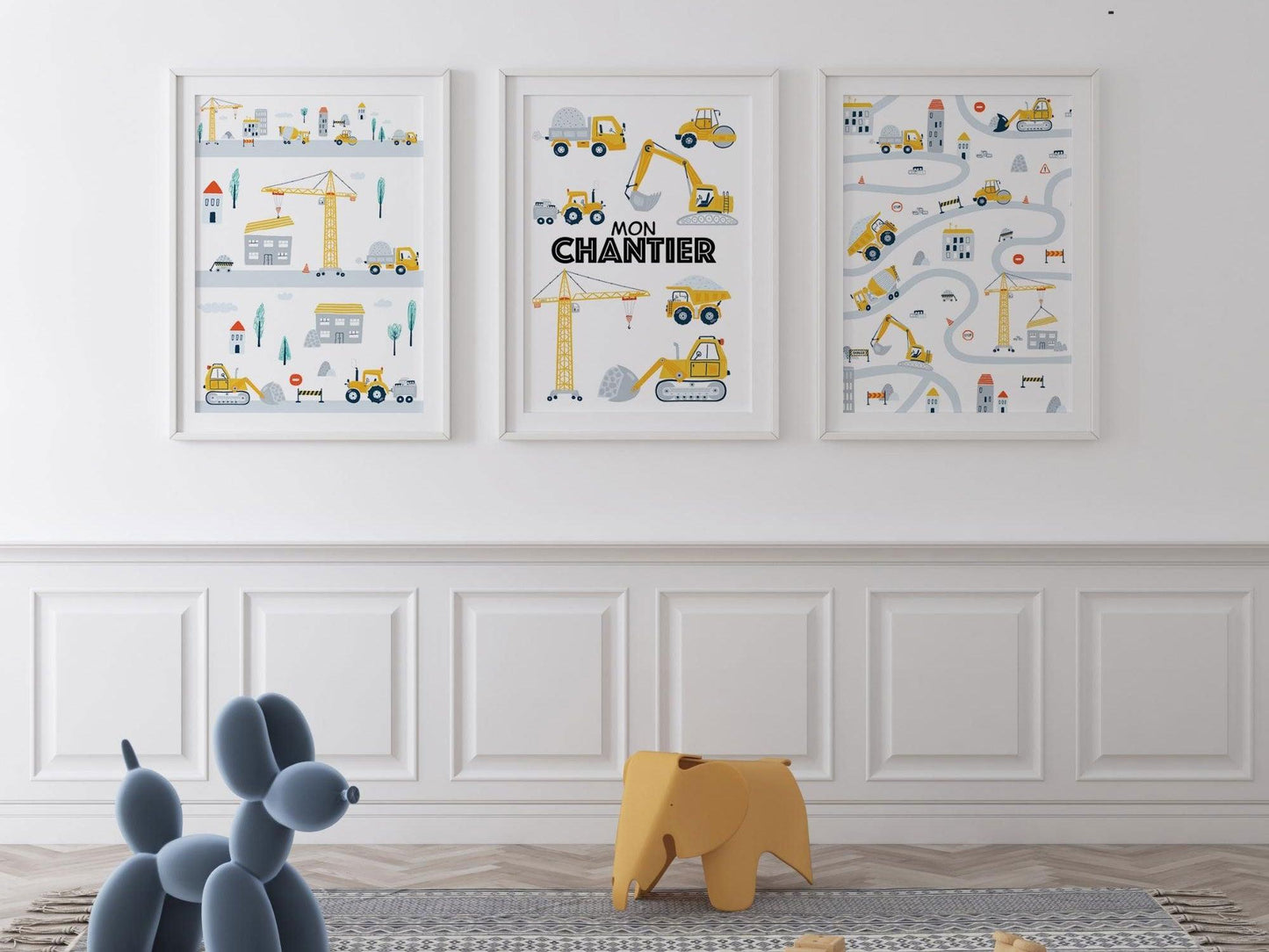 Lot affiches "Mon Chantier" avec camion pelleteuse pour chambre d'enfant - Imagine.affiche