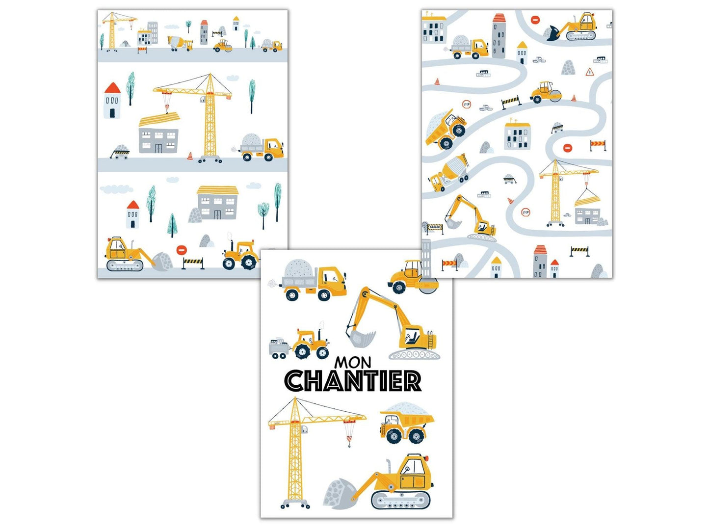 Lot affiches "Mon Chantier" avec camion pelleteuse pour chambre d'enfant - Imagine.affiche