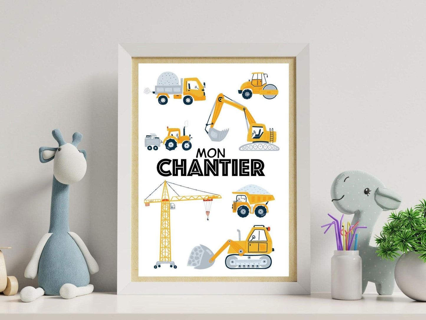 Lot affiches "Mon Chantier" avec camion pelleteuse pour chambre d'enfant - Imagine.affiche