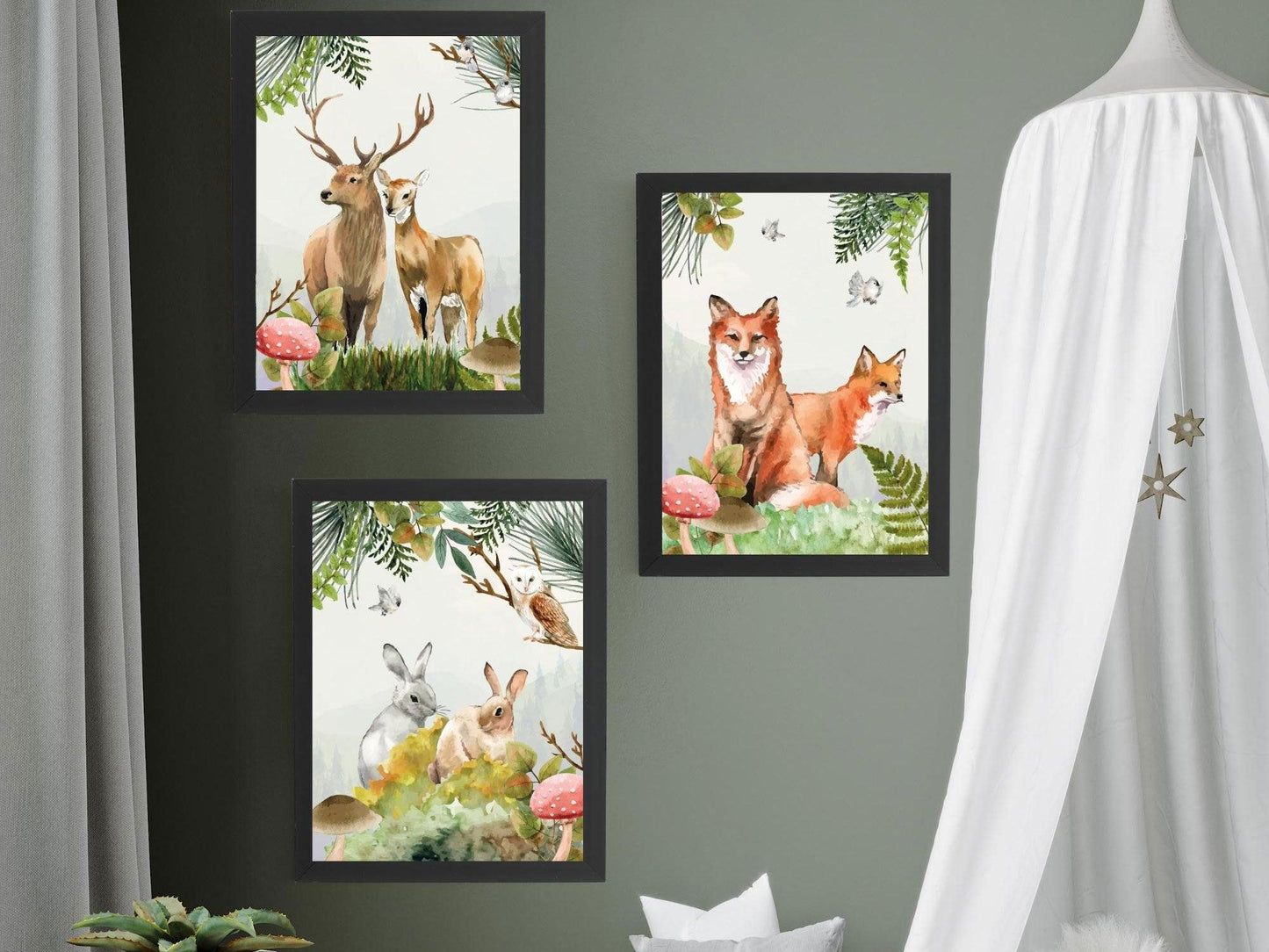 Set affiches "Forêt aquarelle" avec de beaux animaux un renard un lapin et un cerf - Imagine.affiche