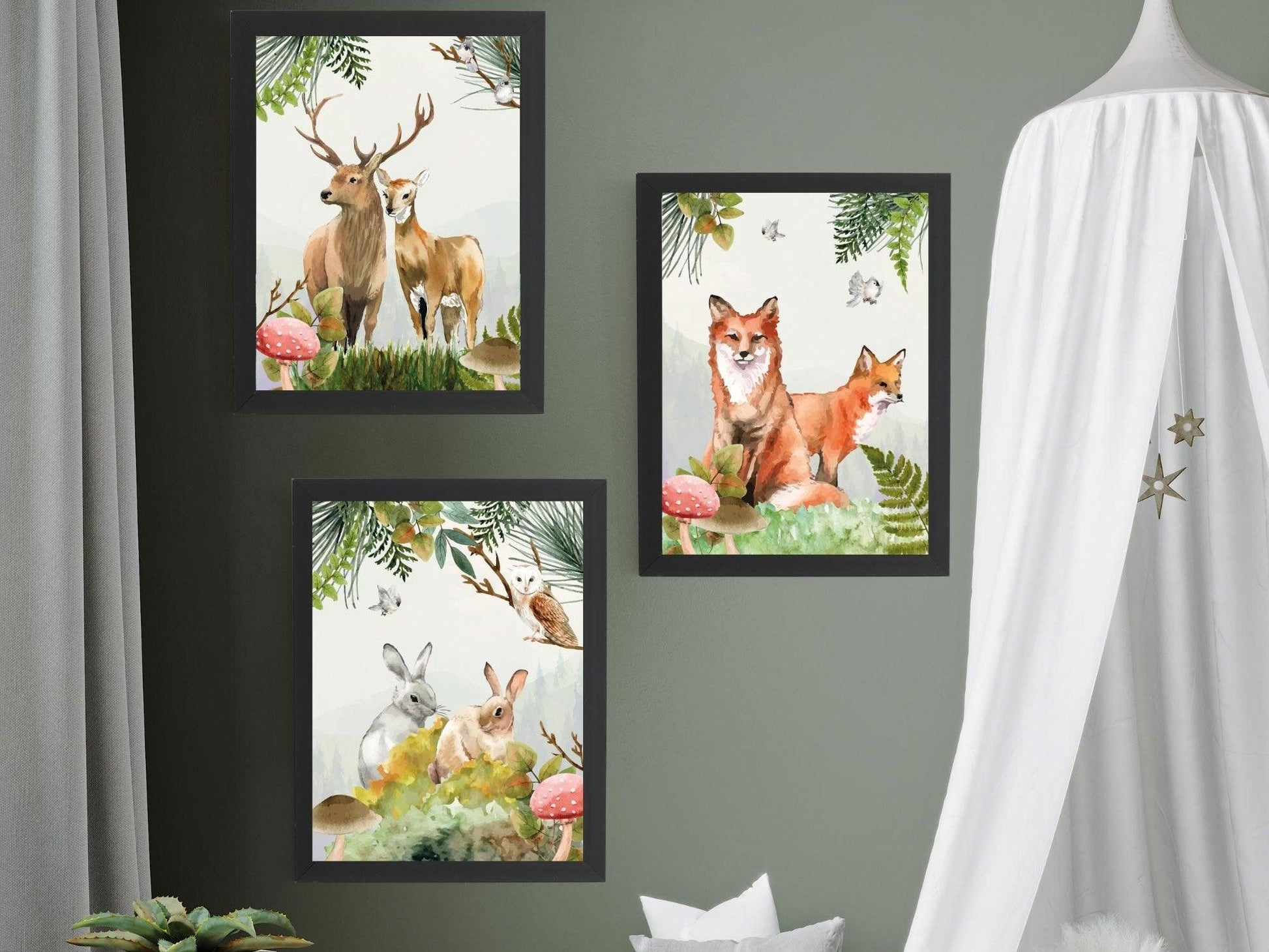 Set affiches "Forêt aquarelle" avec de beaux animaux un renard un lapin et un cerf - Imagine.affiche