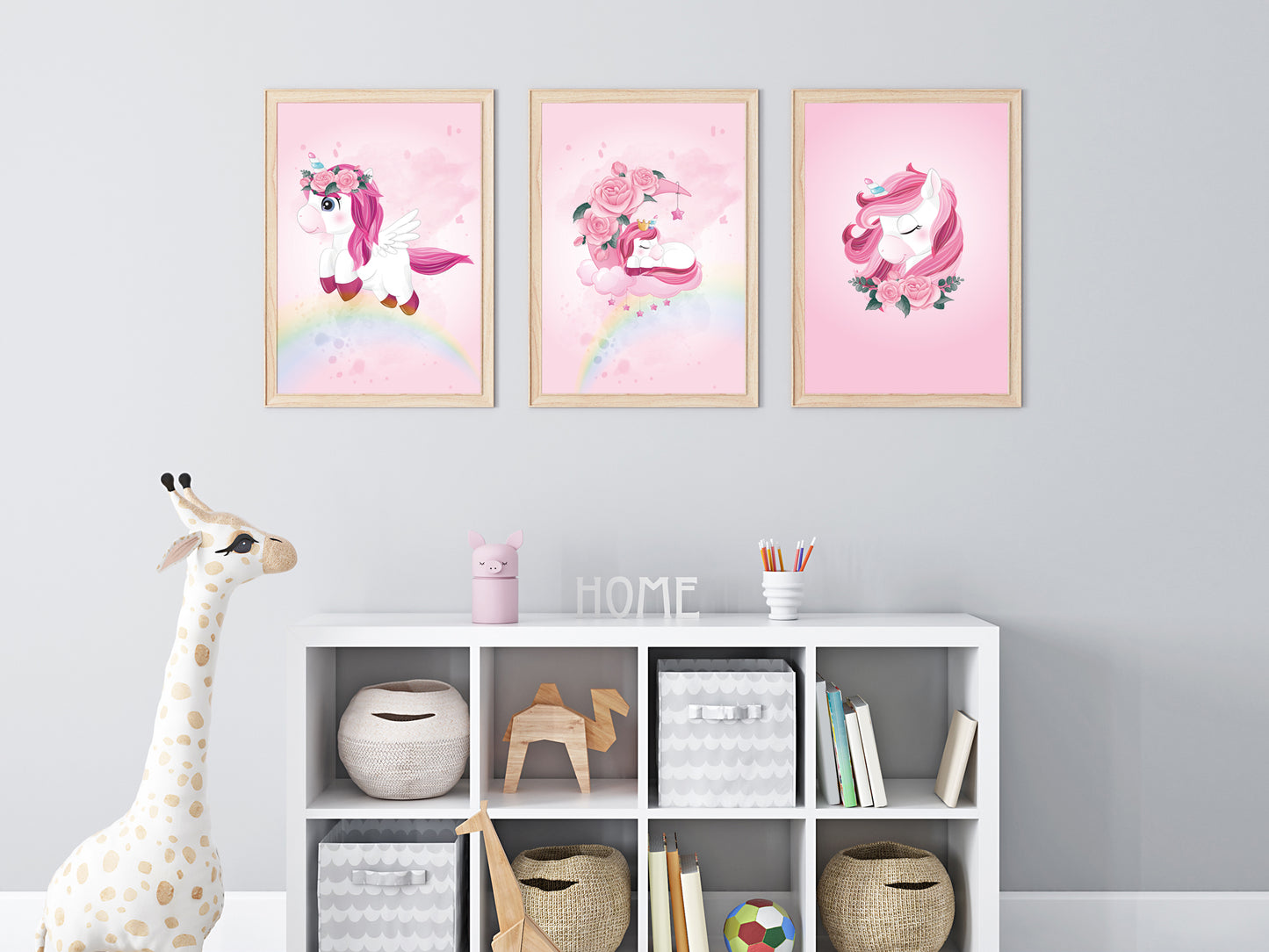 Pink unicorn posters for child/baby room - 3 Posters for girl decoration - Birth gift - A4/A3 format painting - decorative accessory - bb