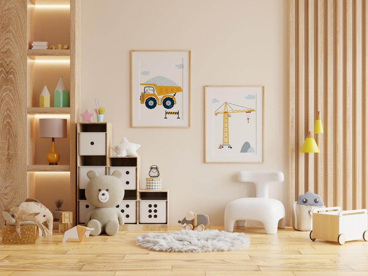 Lot affiches Chantier avec camion pelleteuse grue pour chambre d'enfant - Imagine.affiche