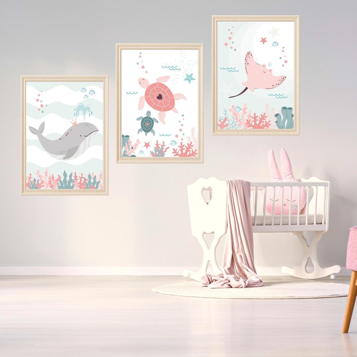 Baleine raie tortue ocean coquillage - chambre enfant bébé - 3 affiches Decoration - idee cadeau anniversaire naissance - mer - bb ocean - Imagine.affiche