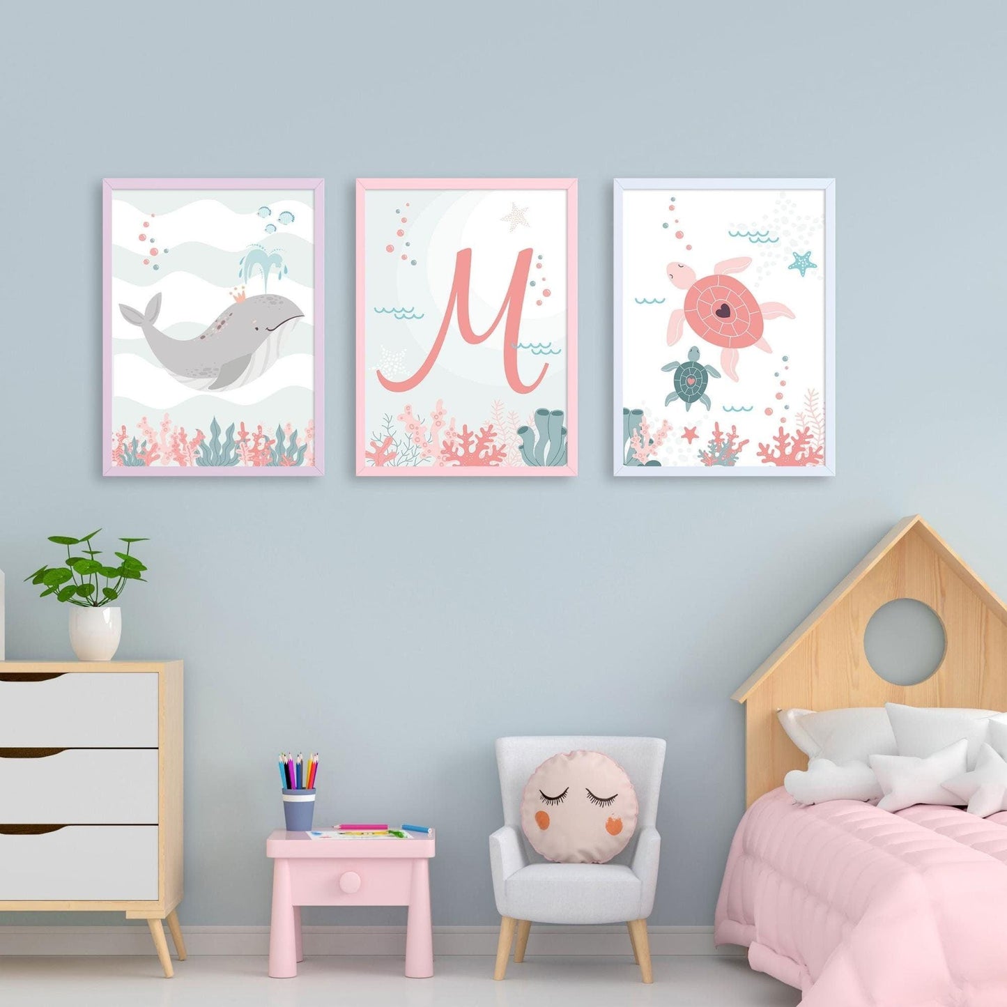 Baleine tortue  et lettre de prénom ocean - chambre enfant bébé - 3 affiches personnalisées Decoration - idee cadeau anniversaire naissance - Imagine.affiche